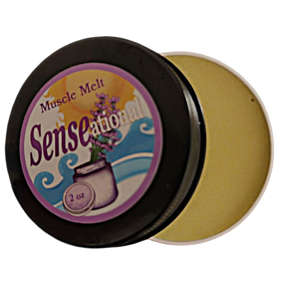 Open Muscle Melt salve container showing contents.