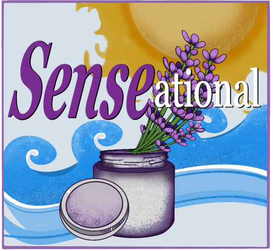 A jar filled with lavender stems protrudes from its opening, while the lid rests at an angle on the side of the jar. Behind it, blue waves roll beneath a large yellow sun. Overlaid on the image is the word "sensational," creatively spelled with a bold purple "sense" followed by a smaller white "ational."
