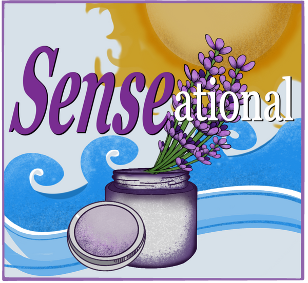 A jar filled with lavender stems protrudes from its opening, while the lid rests at an angle on the side of the jar. Behind it, blue waves roll beneath a large yellow sun. Overlaid on the image is the word "sensational," creatively spelled with a bold purple "sense" followed by a smaller white "ational."
